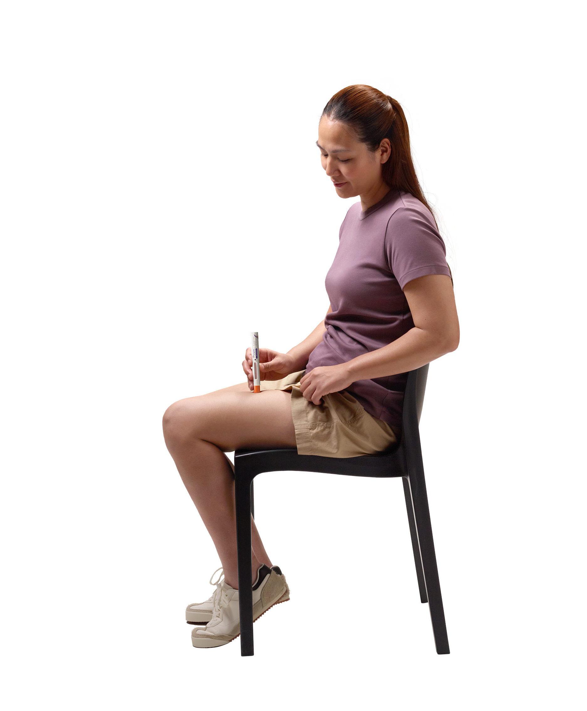 Actor Portrayal of Patient Injecting Medicine Into her Leg Actor Portrayal of Patient Injecting Medicine Into Her Leg with a Speech Bubble that Says, 'Hold Injection for 10 seconds'
