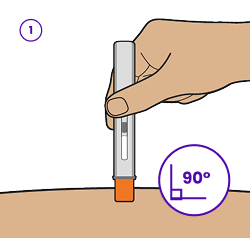 Illustration depicting the three easy steps for injecting TRYNGOLZA. The text reads: '1. Place: Remove the clear cap and place the orange needle shield at a 90-degree angle against the skin. Make sure you can see the viewing window; 2. Push: Push firmly against the skin. You may or may not hear 2 clicks. This is normal. The procedure is not finished; 3. Hold: Hold the autoinjector against the skin and continue pressing down for 10 seconds.'