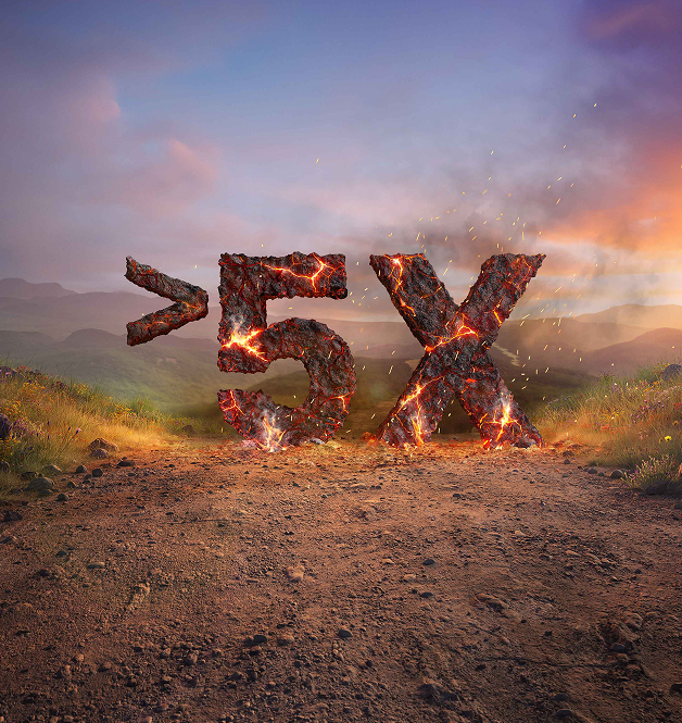 Smoldering rock spelling out ">5x"