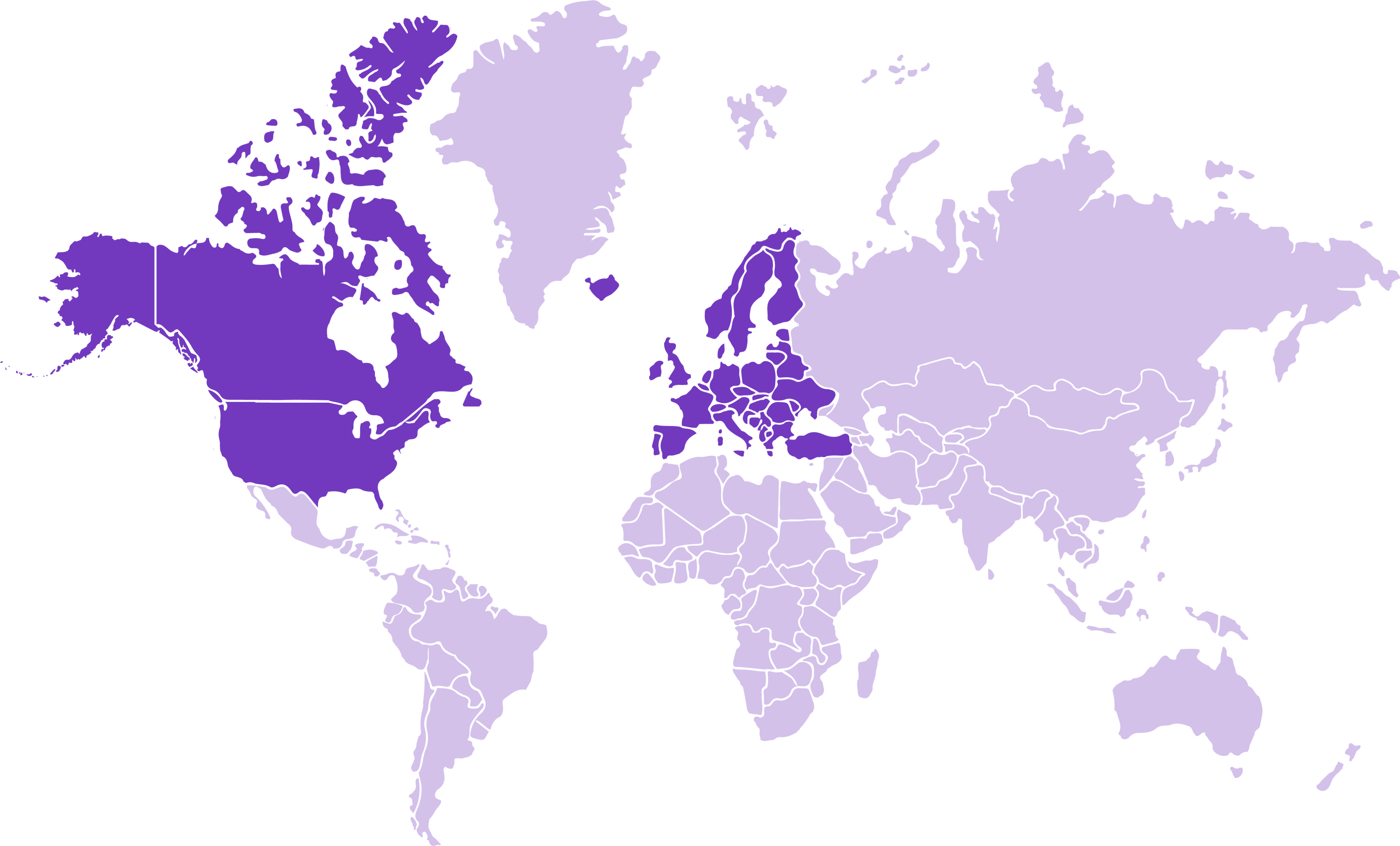 World map highlighting North America (excluding Mexico, Central America and Greenland) and Europe (excluding Russia)